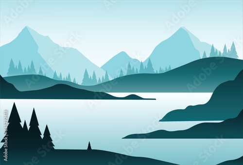 Panoramic view of beautiful landscape mountains, with fog, river and forest can be used for poster, banner, flyer, invitation, website or greeting card. vector illustration
