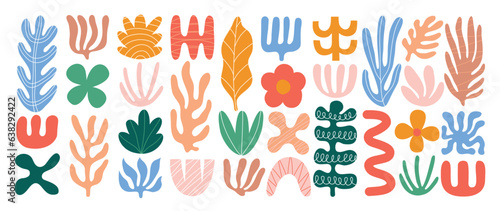 Minimalist abstract art shapes vector collection. Set of doodle elements, hand drawn organic shape, leaf, branch, coral. Minimal style element with earth tone for decoration, ads, prints, branding.