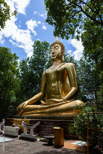 Sitting golden Buddha statue in the forest at Wat Analayo in Phayao province  North Thailand.
