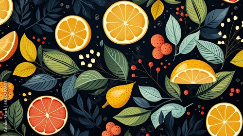 Colorfull fruit and leaves pattern background.