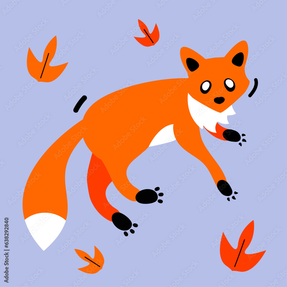 Obraz premium red orange fox with autumn leaves with blue background, illustration in flat style