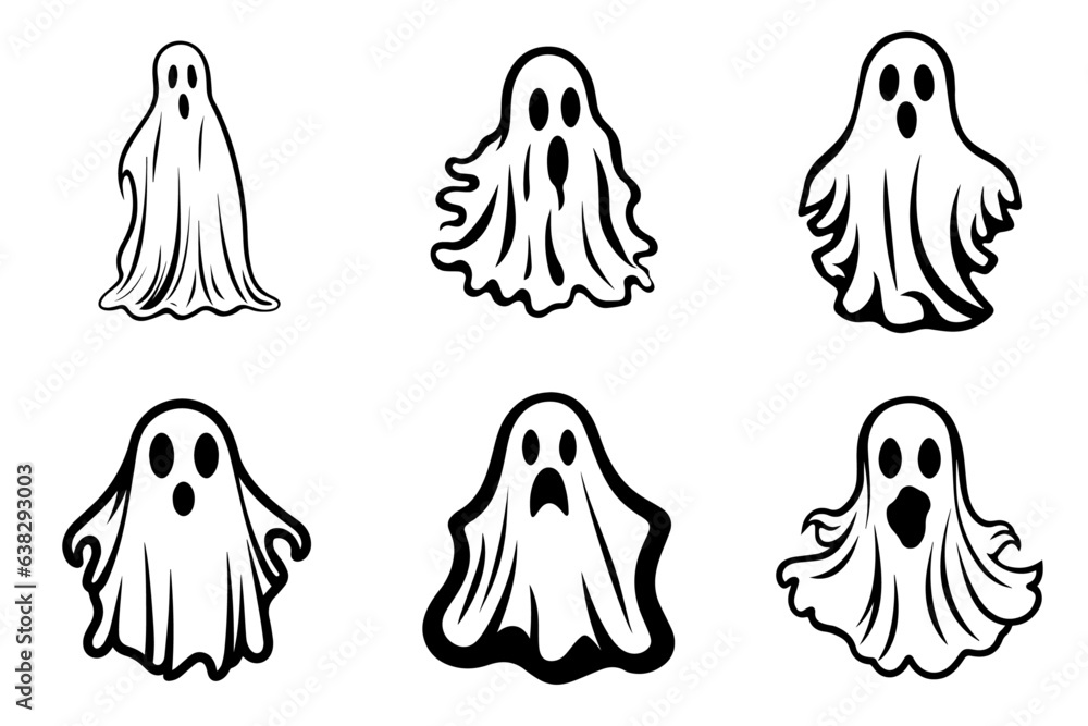 Collection of simple flat ghosts vector. Halloween scary ghostly monsters cartoon. Cute cartoon spooky character Collection of simple flat ghosts vector. Halloween scary ghostly monsters cartoon. Cute cartoon spooky character