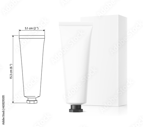 Blank plastic tube with black octagonal cap mockup with box. Vector illustration isolated on white background. Can be use for your design, advertising, promo and etc. EPS10.