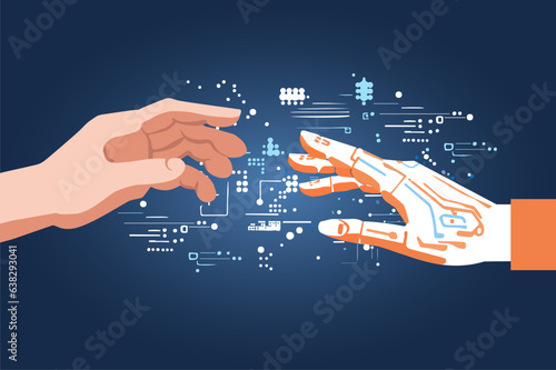 Vector illustration depicting human and robot hands reaching for each other. Collaboration between humans and robots. Modern technology.