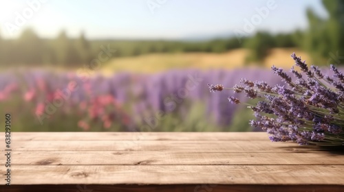 Empty wooden board in lavender field