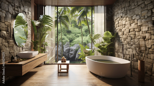 3d Tropical bathroom with stone walls
