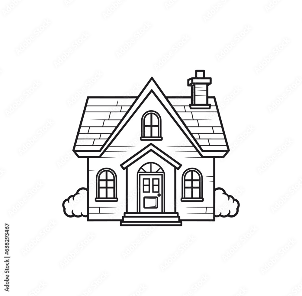 Black and white line drawing illustration of a house. 
