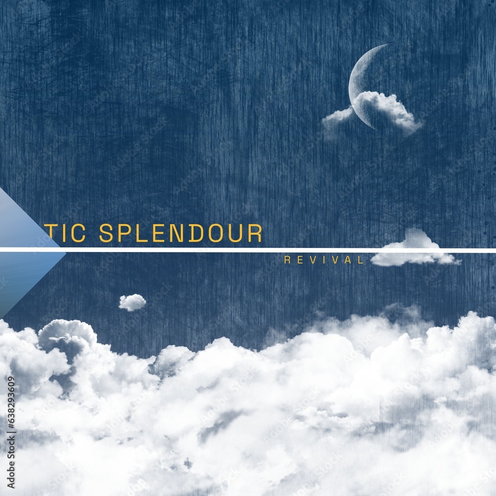 Obraz premium Composition of optic splendour revival text over diamond, moon and clouds on blue background