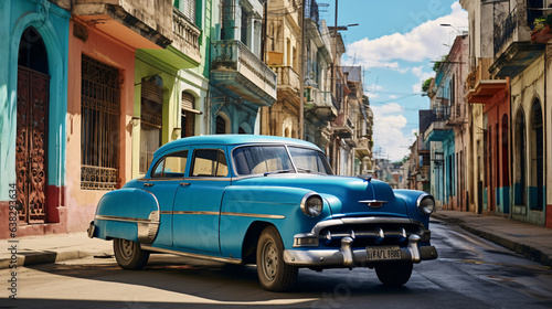 A blue oldtimer taxi is driving through Habana © Hassan
