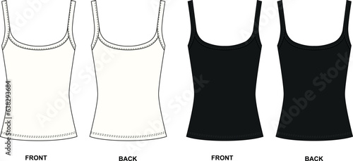 Vector drawing of tank top with straps front and back view. Women's t-shirt template in white and black colors. Sketch of a jersey sports shirt, vector.