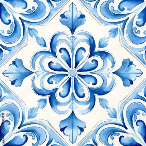 Pattern of azulejos tiles. watercolor illustration style photo
