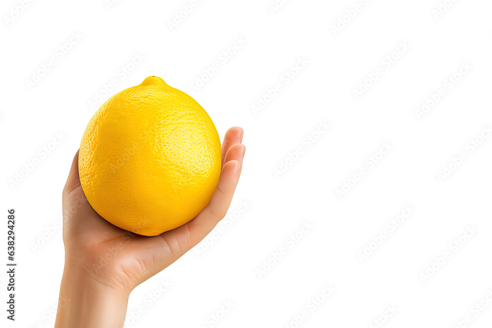 Lemon in hand isolated on white background with copy space Lemon in hand isolated on white background with copy space