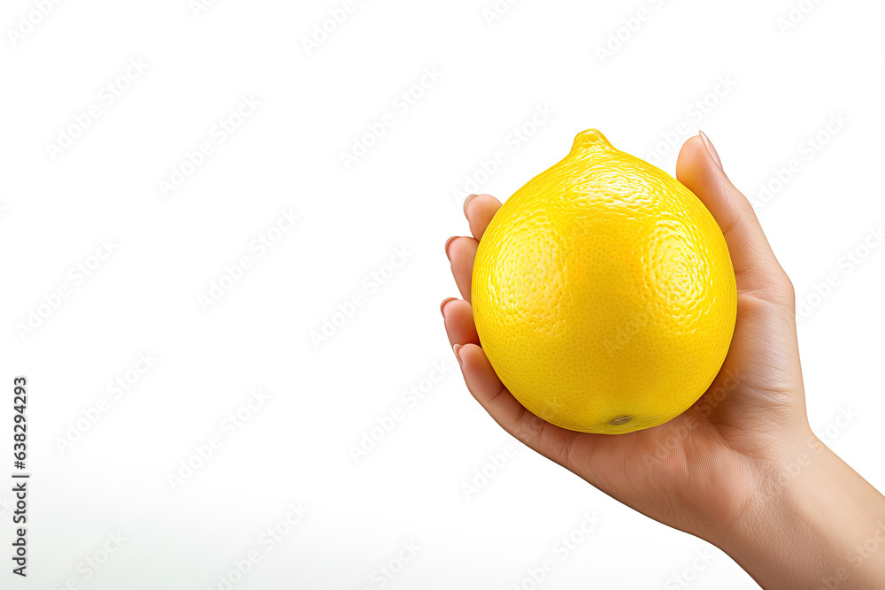 Lemon in hand isolated on white background with copy space Lemon in hand isolated on white background with copy space