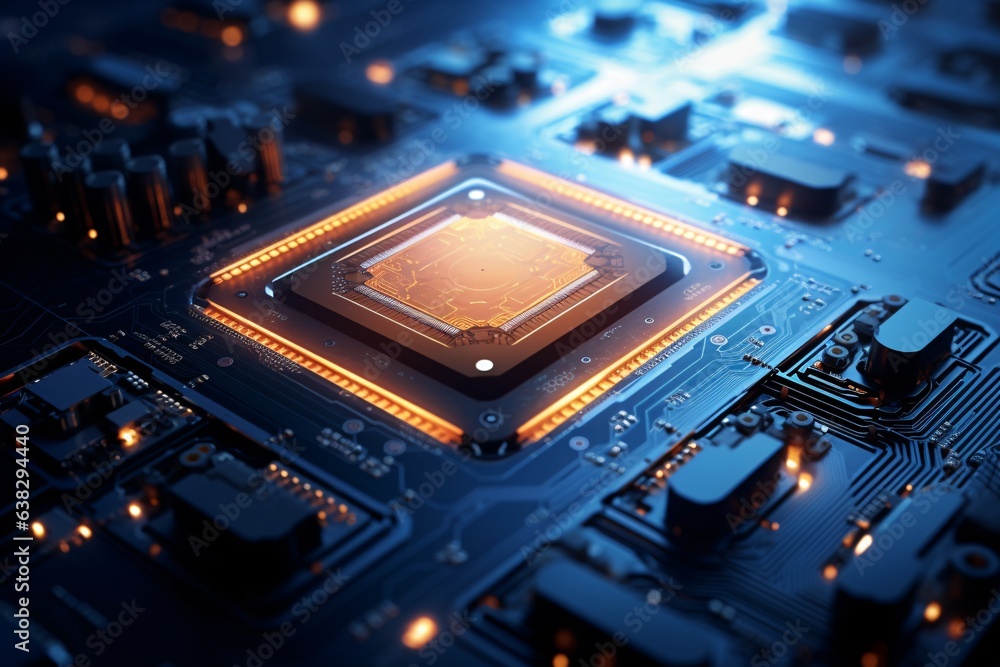 close-up of a semiconductor chip. Minute circuits and transistors, resembling a futuristic city layout, shine under a specialized magnifier close-up of a semiconductor chip. Minute circuits and transistors, resembling a futuristic city layout, shine under a specialized magnifier