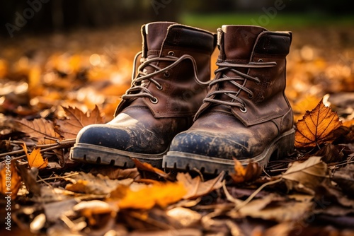 close-up of a pair of worn leather boots, standing on a carpet of multi-colored fallen leaves