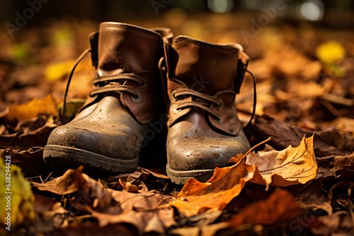 close-up of a pair of worn leather boots, standing on a carpet of multi-colored fallen leaves