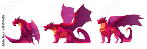 Fantasy red dragon - adult imaginary fairy tale or game cartoon character with wings and long tail looking forward. Vector illustration set of mythical medieval scary animal in various poses.