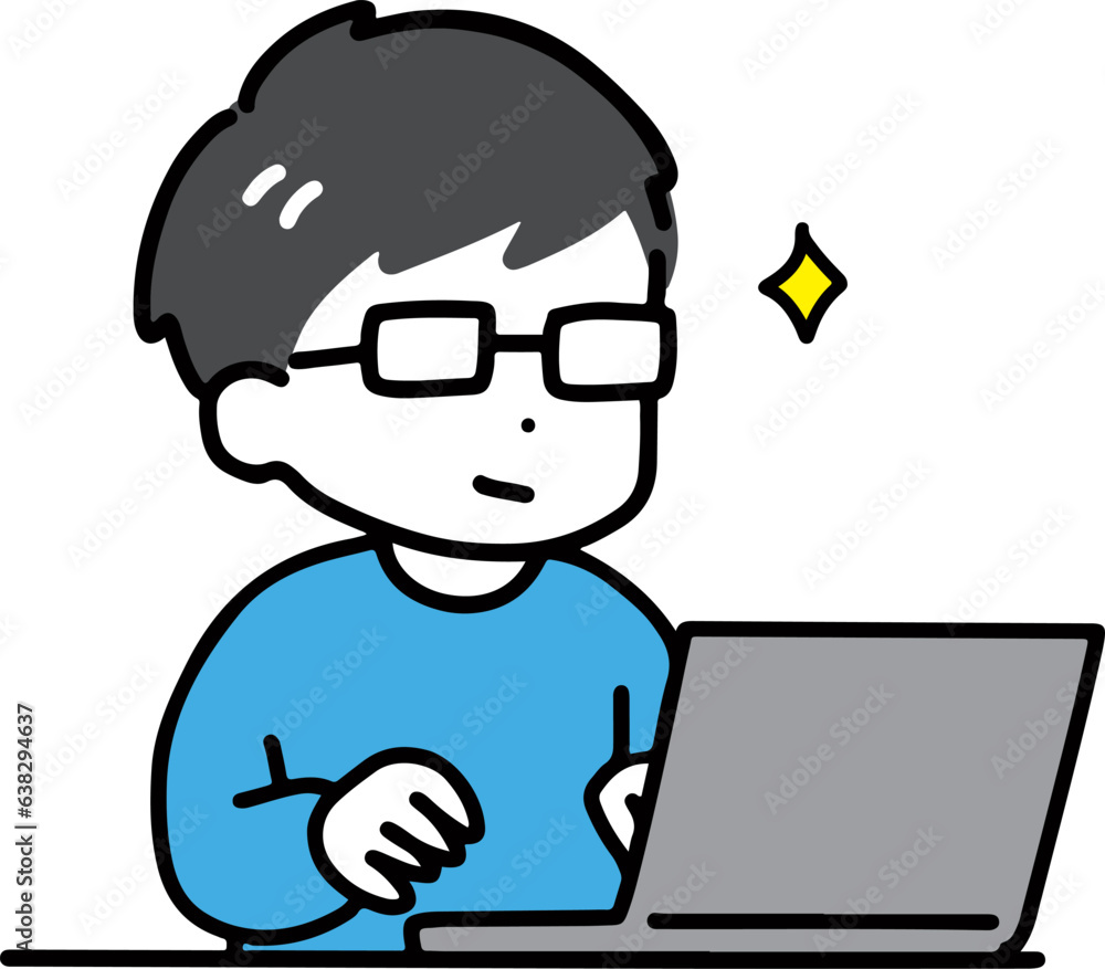 笑顔でパソコンを使う眼鏡の若い男性 笑顔でパソコンを使う眼鏡の若い男性