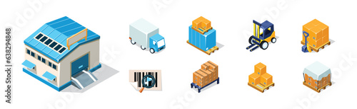 Warehouse Objects with House, Fork Lifter, Truck and Cardboard Box Isometric Vector Set
