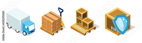 Warehouse Objects with Truck and Cardboard Box with Crates Isometric Vector Set