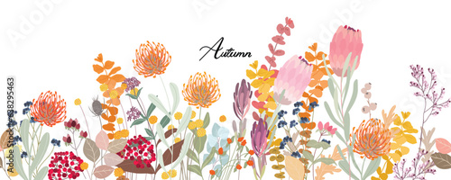 seamless minimal Hand drawn botanical flowers and leaf vector in Fall and Aurtumn collection