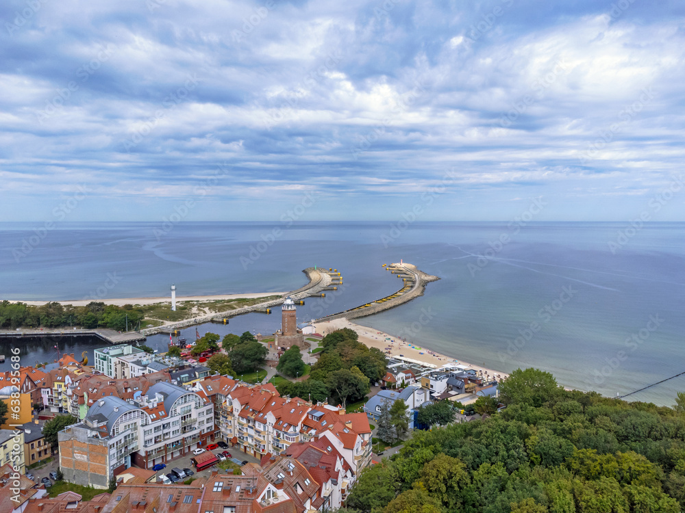 Aerial view landscape Kolobrzeg, Baltic sea view, lighthouse, nature city.