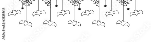 Happy Halloween banner border with bats hanging from spider webs doodle outline. Spooky Ornaments Decoration Vector illustration, trick or treat party invitation