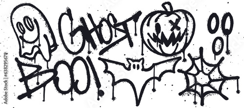 Set of graffiti spray paint. Collection of symbols, ghost, pumpkin, scream, boo, bat, spider web Isolated Vector