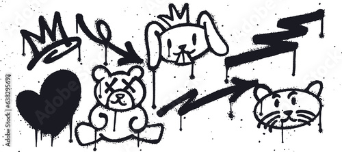 Set of graffiti spray paint. Collection of symbols, crown, arrow, rabbit, love, teddy bear, cat Isolated Vector