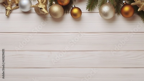 Xmas baubles white and gold on white plank background