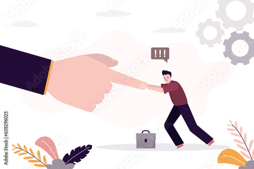 Employee fight and keep pushing against giant business hand. Problems of blaming and bullying. Conflict against boss or employer, fight against power people,