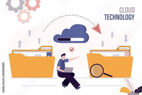 Internet hosting concept, online service for file management and digital information storage, user man placing files and folders in cloud. Web database, cloud technology.