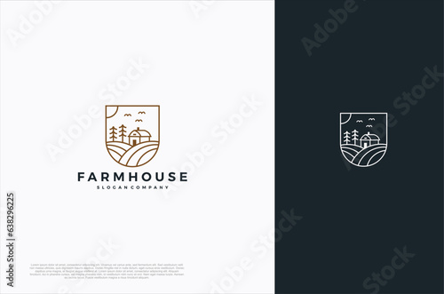 The Organic farm house concept logo with landscape. Farming badge Label for natural products. Vector Illustration
