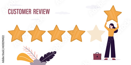 Customer review concept. Client satisfaction, businesswoman hold and give star. Five stars rating, high quality concept. Online survey, feedback. Horizontal banner.