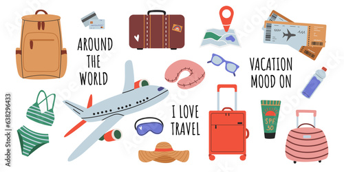 Large vector set of travel accessories. Accessories for a seaside vacation. Travel accessories set, suitcases, bags, luggage, bikini, map, airplane, tickets. Flat vector illustration isolated elements