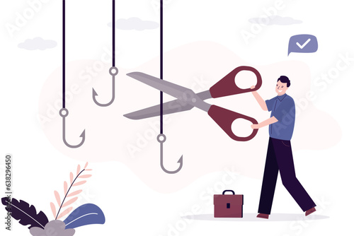 Businessman uses scissors and cut off various fishing hooks. Fight against scam, internet phishing. Smart user does not become victim of scammers and thieves. Bait, deceit