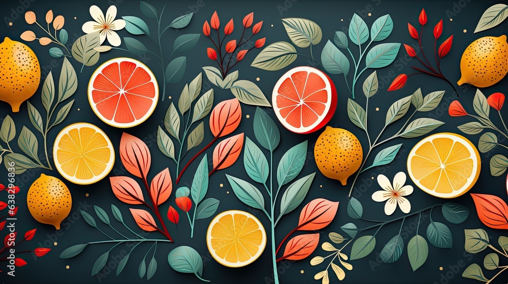 Colorfull fruit and leaves pattern background. Colorfull fruit and leaves pattern background.