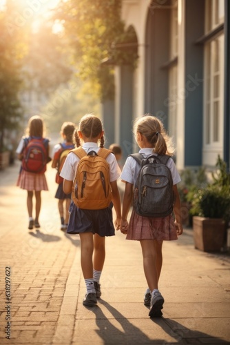 children walking in the street heading to the school