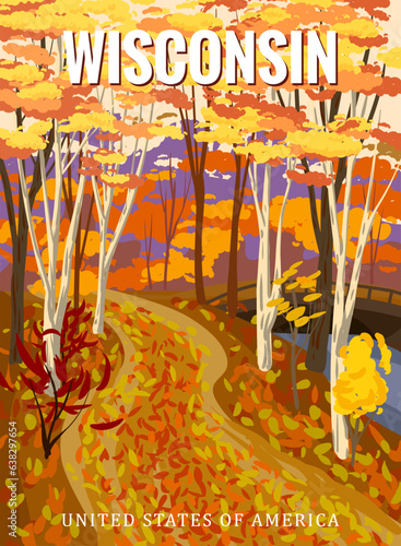 Wisconcin Autumn park valley, forest trail, walkway, trees yellow foliage. Poster fall seasone