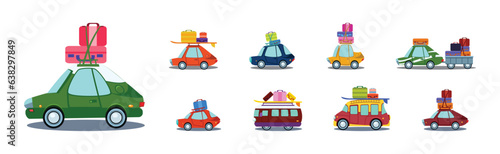 Car and Vehicle Travel with Load of Trunk and Suitcase on Top Vector Set