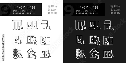 2D pixel perfect collection of icons representing soundproofing, editable light and dark mode thin line illustration.