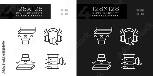 2D pixel perfect light and dark mode icons set representing soundproofing, editable thin linear illustration.