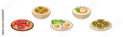Different Food and Dish Served on Plate Isometric Vector Set