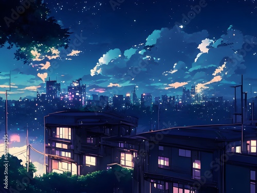 Cityscape scenery at night anime style