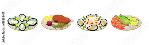 Different Food and Dish Served on Plate Isometric Vector Set