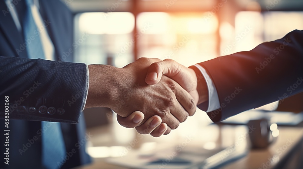 Two businesspeople in suits shaking hands after a successful meeting Two businesspeople in suits shaking hands after a successful meeting