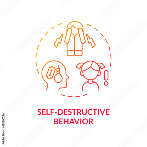 2D gradient self destructive behavior red thin line icon concept, isolated vector, illustration representing behavioral therapy.