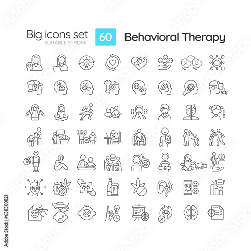 2D editable black big line icons set representing behavioral therapy, isolated vector, linear illustration.