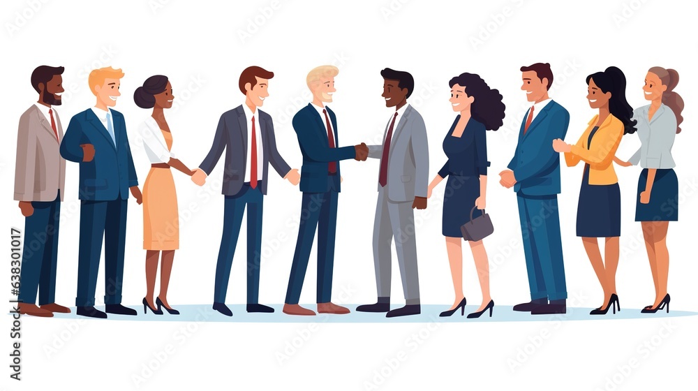 Meeting of business people. cartoon style of several couples of people of different nationalities in business clothes shaking hands. Isolated on white. generative ai