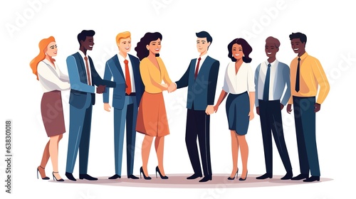 Meeting of business people. cartoon style of several couples of people of different nationalities in business clothes shaking hands. Isolated on white. generative ai